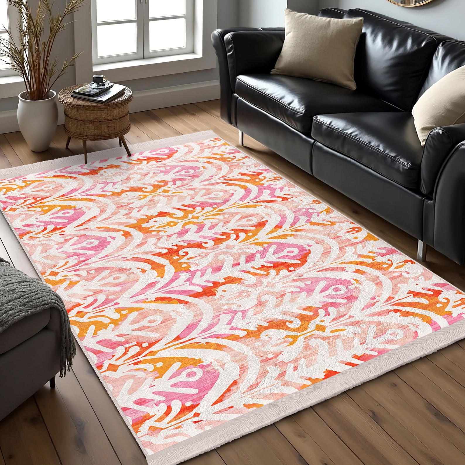 Vibrant Abstract Orange Area Rug-floral Swirl Pattern Mat-colorful ...