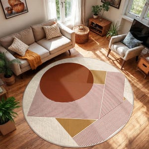 Geometric Striped Circle Carpet-Red Brown Triangle Round Rug-Modern Living Room Carpet-Washable Anti-slip Mat-Vintage Chic Oval Mat
