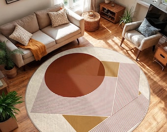 Geometric Striped Circle Carpet-Red Brown Triangle Round Rug-Modern Living Room Carpet-Washable Anti-slip Mat-Vintage Chic Oval Mat