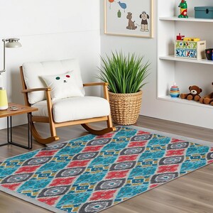 Colorful Geometric Diamond Kids Room Rug-Vibrant Tribal Shapes Nursery Carpet-Aztec Inspired Playmat-Anti-Slip Child Room Rug-Boho Chic Mat