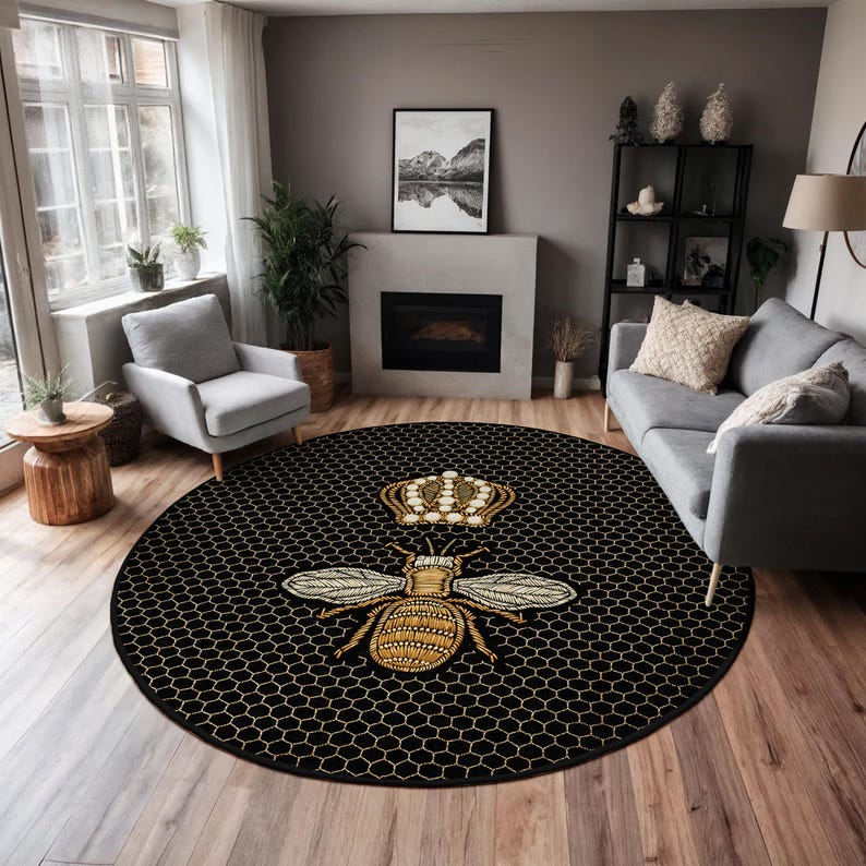 Golden Crown Bee Round Rug-black Honeycomb Circle Carpet-bee Hive ...