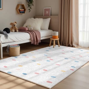 Colorful Dots White Kids Room Rug-Oval Shapes Pastel Nursery Carpet-Playroom Confetti Toodler Mat-Trendy Modern Child Room Rug-Washable Rug