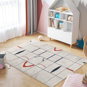 Geometric Lines Modern Kids Room Rug-Curved Colorful Grid Nursery Carpet-Gray Tones Baby Room Rug-Contemporary Shapes Toodler Mat
