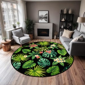 Tropical Leaf Circle Carpet-Jungle Foliage Round Rug-Green Palm Anti-Slip Mat-Exotic Flower Living Room Rug-Floral Washable Round Carpet