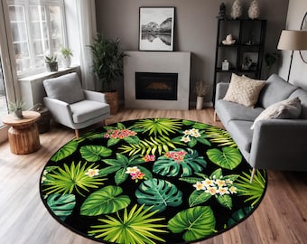 Tropical Leaf Circle Carpet-Jungle Foliage Round Rug-Green Palm Anti-Slip Mat-Exotic Flower Living Room Rug-Floral Washable Round Carpet