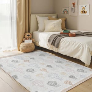 Balloon Dreams Kids Room Rug-Airship Illustration Nursery Carpet-White Tones Playmat-Whimsical Hot Air Baby Room Rug-Anti-Slip Toodler Mat