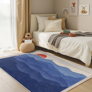 Coastal Sunset Kids Room Rug-Blue Wave Horizon Nursery Carpet-Modern Ocean Scene Baby Room Rug-Abstract Landscape Playmat-Child Room Rug