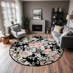 Rose Pattern Circle Carpet-Floral Black Background Rug-Pink Flower Round Carpet-Vintage Living Room Mat-Botanical Washable Round Rug