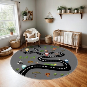 Tappeto rotondo colorato per cameretta dei bambini con mappa stradale e avventure - Tappeto circolare con scena di animali nella giungla - Tappeto per sala giochi con percorso grigio - Tappeto ovale per la cameretta dei bambini