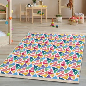 Colorful Triangle Chaos Kids Room Rug-Triangular Multicolor Fun Nursery Carpet-Geometric Playmat-Modern Toodler Mat-Eye Catching Nursery Rug