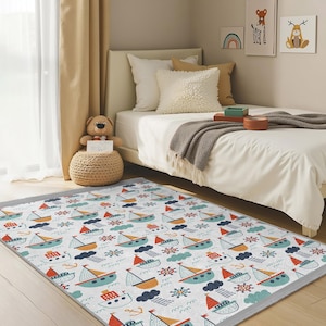 Sailing Boats Kids Room Rug|Nautical Clouds Anchor Design Rug|Sea Adventure Nursery Carpet|Cute Ship Child Room Rug|Blue Orange Toodler Mat