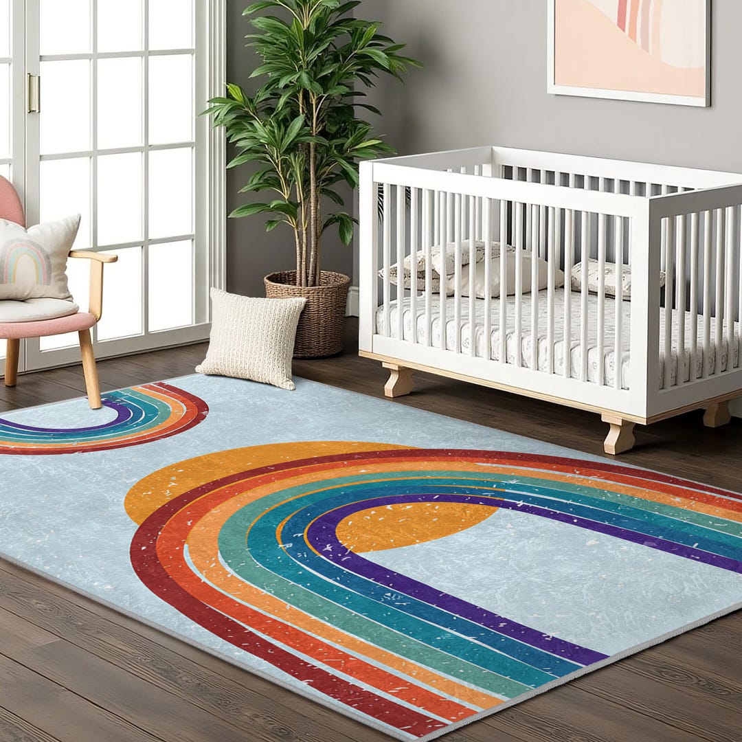 Retro Rainbow Nursery Carpet-colorful Arch Lines Rug-vintage Style ...