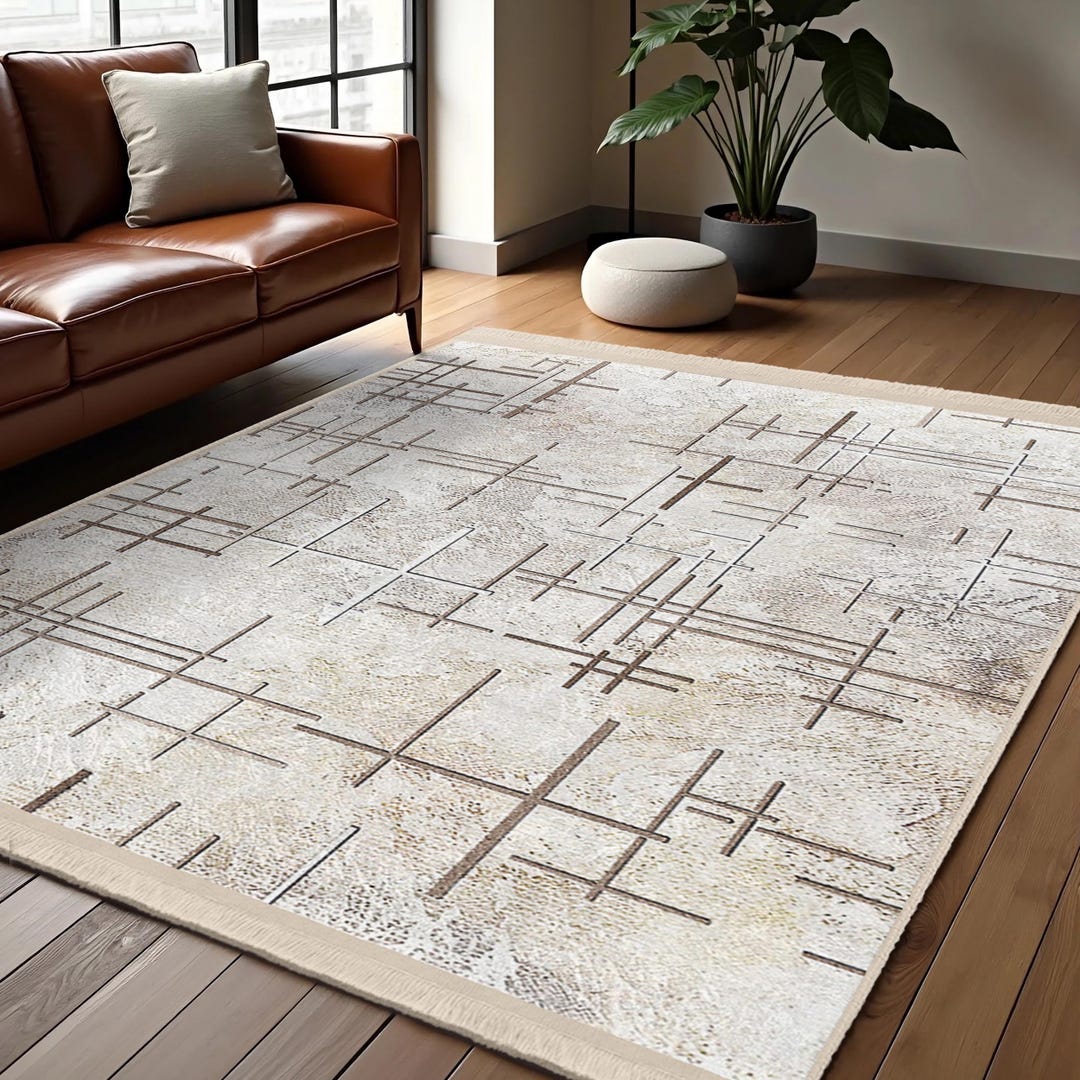 Modern Abstract Grid Area Rug - Beige Line Crosses Carpet - Geometric ...