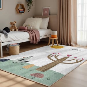 Whimsical Tree Bird Kids Room Rug-Cartoon Sun Heart Nursery Carpet-Bird Nature Playmat-White Green Anti-Slip Mat-Playful Design Toodler Mat