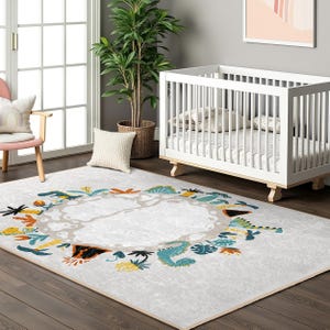 Colorful Jungle Safari Nursery Carpet-Dino and Leaf Adventure Rug-Playful Dinosaur Kids Room Carpet-Fun Animal Print Toddler Mat-Child Rug