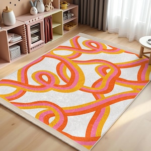 Colorful Loops Nursery Carpet|Orange Pink Swirl Kids Room Rug|Vibrant Playmat|Modern Child Room Rug|Bold Lines Baby Room Rug|Toodler Mat