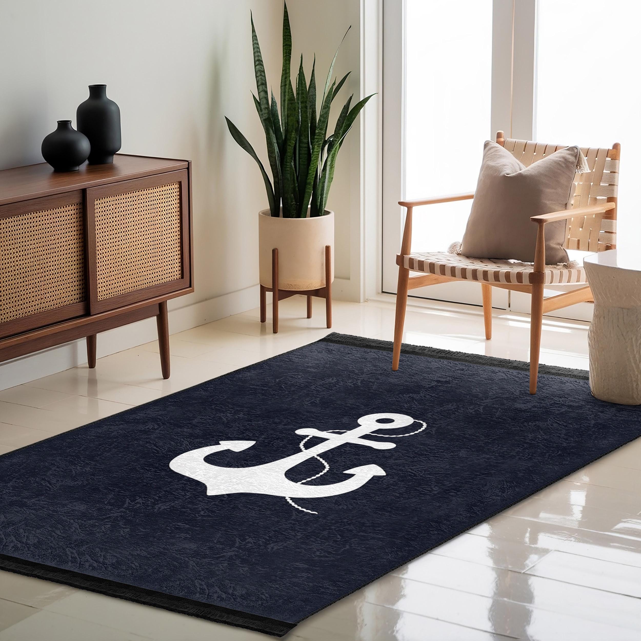Nautical Anchor Navy Area Rug-white Anchor Nautical Mat-coastal Living ...