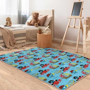 Blue Pirate Crab Kids Room Rug-Ship Anchor Treasure Nursery Carpet-Ocean Adventure Toodler Mat-Creative Sealife Playmat-Child Room Rug