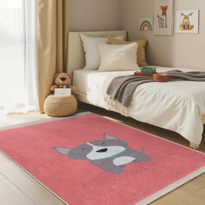 Sleepy Puppy Pink Kids Room Rug-Cute Dog Design Nursery Carpet-Gray Canine Baby Room Rug-Adorable Animal Playmat-Anti-Slip Child Room Rug