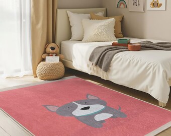 Sleepy Puppy Pink Kids Room Rug-Cute Dog Design Nursery Carpet-Gray Canine Baby Room Rug-Adorable Animal Playmat-Anti-Slip Child Room Rug