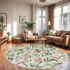 Tappeto circolare verde a foglie floreali - Tappeto botanico ispirato alla natura - Tappeto rotondo con foglie intrecciate e rami - Tappeto da soggiorno con fiori arancioni - Tappeto di tendenza