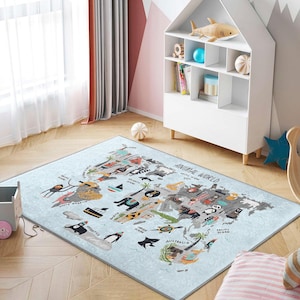 World Animal Map Kids Room Rug-Illustrated Animal Safari Nursery Carpet-Colorful Continent Names Toodler Mat-Blue Children's Anti Slip Rug