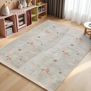 Gray Woodland Fox Nursery Carpet|Animal Print Rectangular Kids Room Rug|Forest Theme Baby Room Rug|Adventure Infant Playmat