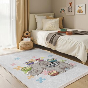 Elephant Owl Gray Kids Room Rug-Cartoon Animal Friends Nursery Carpet-Colorful Birds Baby Room Rug-Safari Toodler Mat-Washable Playmat