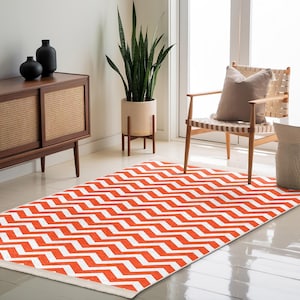Orange Zigzag Accent Rug - Bold Chevron Floor Carpet - Vibrant Pattern Area Mat - Modern Anti-Slip Square Rug - Stylish Living Room Runner