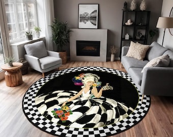 Vintage Floral Black Round Rug - Checkerboard Edge Circle Mat