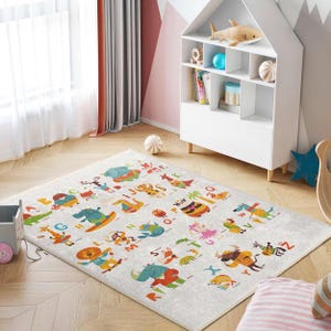 Alphabet Animal Adventure Kids Room Rug-Colorful Cartoon Creatures Nursery Carpet-Jungle Safari Letters Child Room Rug-Educational Playmat