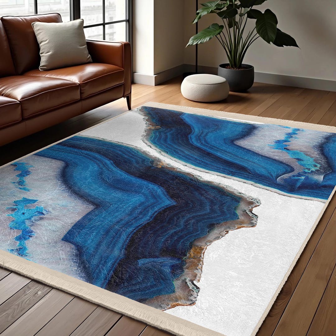 Blue Geode Design Area Rug-wave Accent Mat-navy Earth Tone Carpet ...