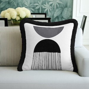 Monochrome Arch Linework Fringed Cushion Cover-Black Abstract Tasseled Pillow Cover-Lunar Geometry Minimalist Velvet Tufty Trim Cushion