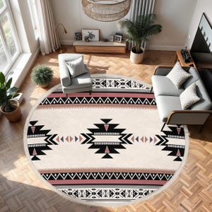 Bohemian Geometric Beige Round Rug-Tribal Black White Patterns Circle Carpet-Southwestern Living Room Rug-Trend Carpet-Oval Mat-Modern Decor
