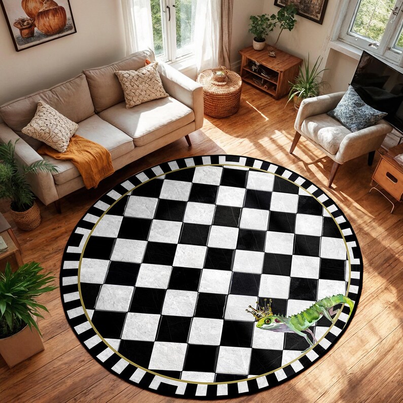 King Lizard Checkered Round Rug-crown Iguana Art Circle Carpet-black ...