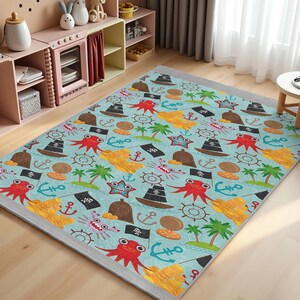 Pirate Adventure Kids Room Rug-Octopus Anchor Treasure Map Nursery Carpet-Colorful Sea Creatures Baby Room Rug-Aqua Pirate Playmat