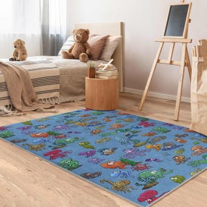 Underwater Friends Blue Nursery Carpet-Octopus Jellyfish Seaweed Rug-Colorful Cartoon Marine Playmat-Creative Ocean Adventure Toodler Mat
