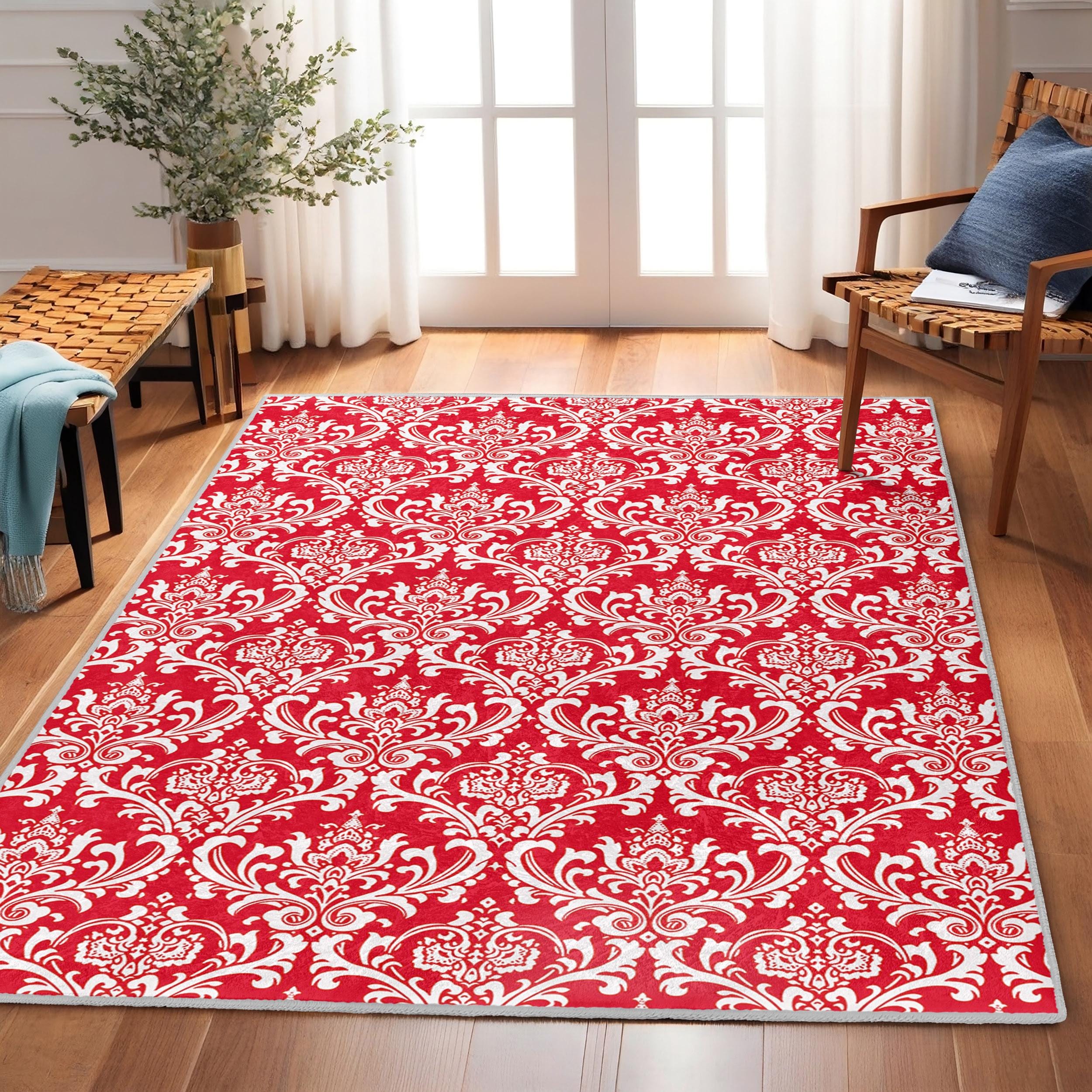 Intricate Red Floral Accent Rug-ornate Damask Square Rug