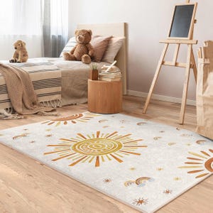 Sunshine Design Nursery Carpet-Sun Moon Star Pattern Kids Room Rug-Boho Rainbow Baby Room Rug-White Earthy Tones Playmat-Anti Slip Child Mat