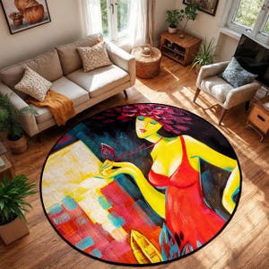 Colorful Abstract Woman Circle Carpet-Watercolor Style Lady Circle Mat-Vibrant Art Living Room Rug-Modern Decor Round Carpet-Anti-slip Mat