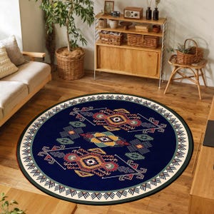 Navy Geometric Tribal Round Rug-Aztec Pattern Circle Carpet-Southwestern Living Room Rug-Bohemian Washable Round Carpet-Ethnic Floor Mat