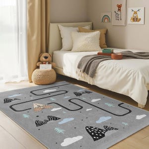 Gray Road Map Kids Room Rug-Mountain Cloud Nursery Carpet-Teepee Adventure Playmat-Toddler Trip Mat-Child Room Rug-Anti Slip Rug
