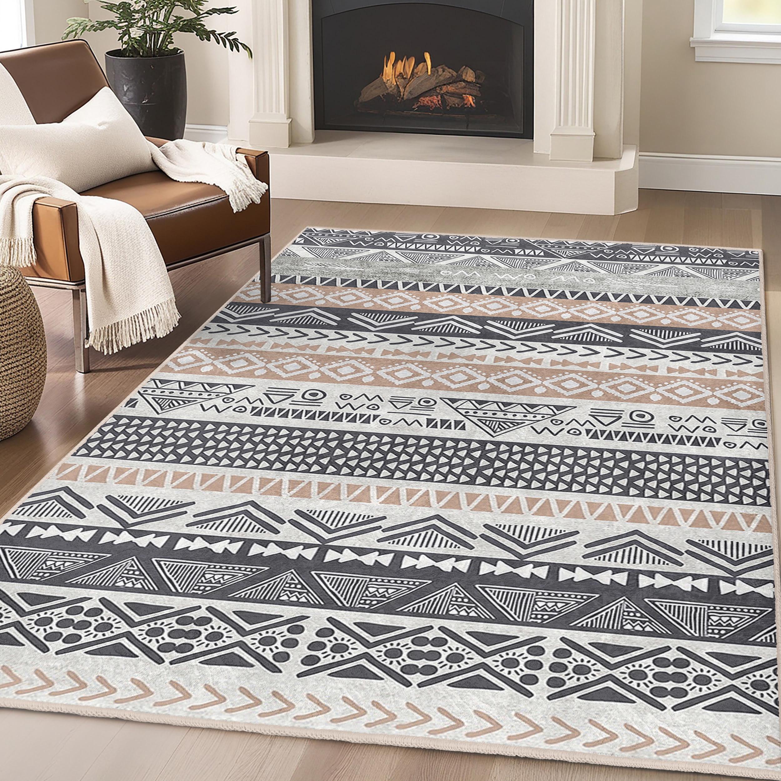 Aztec Inspired Accent Rug - Black Beige Tribal Pattern Mat - Modern ...
