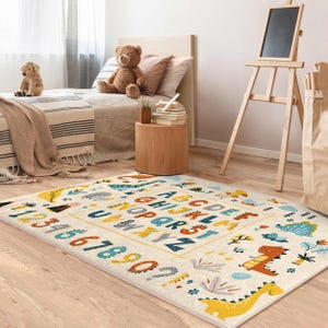 Alphabet Dinosaur Beige Kids Room Rug-Colorful Animal Number Playmat-Bright Educational Nursery Carpet-Learning Fun Toodler Mat-Child Rug