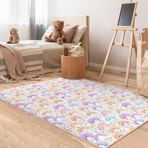 Colorful Rainbow Delight Kids Room Rug-Multi-colored Arched Design Nursery Carpet-Vibrant Dots Baby Room Rug-Creative Whimsy Toddler Mat