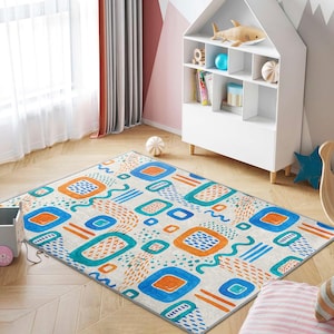 Geometric Blue Orange Kids Room Rug-Abstract Shapes Nursery Carpet-Colorful Child Room Rug-Whimsical Playmat-Anti-Slip Baby Room Rug