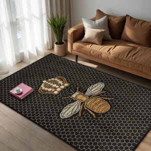 Black Honeycomb Bee Area Rug-Bee Hive Design Mat-Golden Honey Accent Carpet-Bee Themed Floor Decor-Urban Washable Carpet-Hexagonal Runner