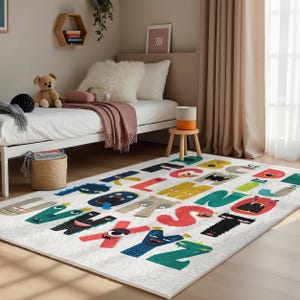 Colorful Alphabet Monsters Kids Room Rug-Animal Letter Play Nursery Carpet-Educational Fun Kids Room Carpet-Anti Slip Playmat for Kid's Room