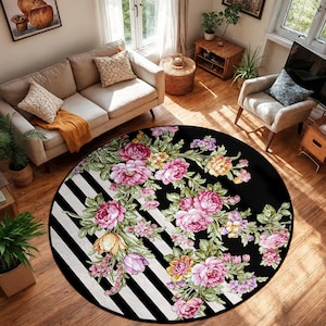 Floral Striped Black Circle Carpet-Floral Stripe Black Rug-Peony Non Slip Circle Rug-Colorful Anti-slip Circle Mat-Vintage Living Room Rug