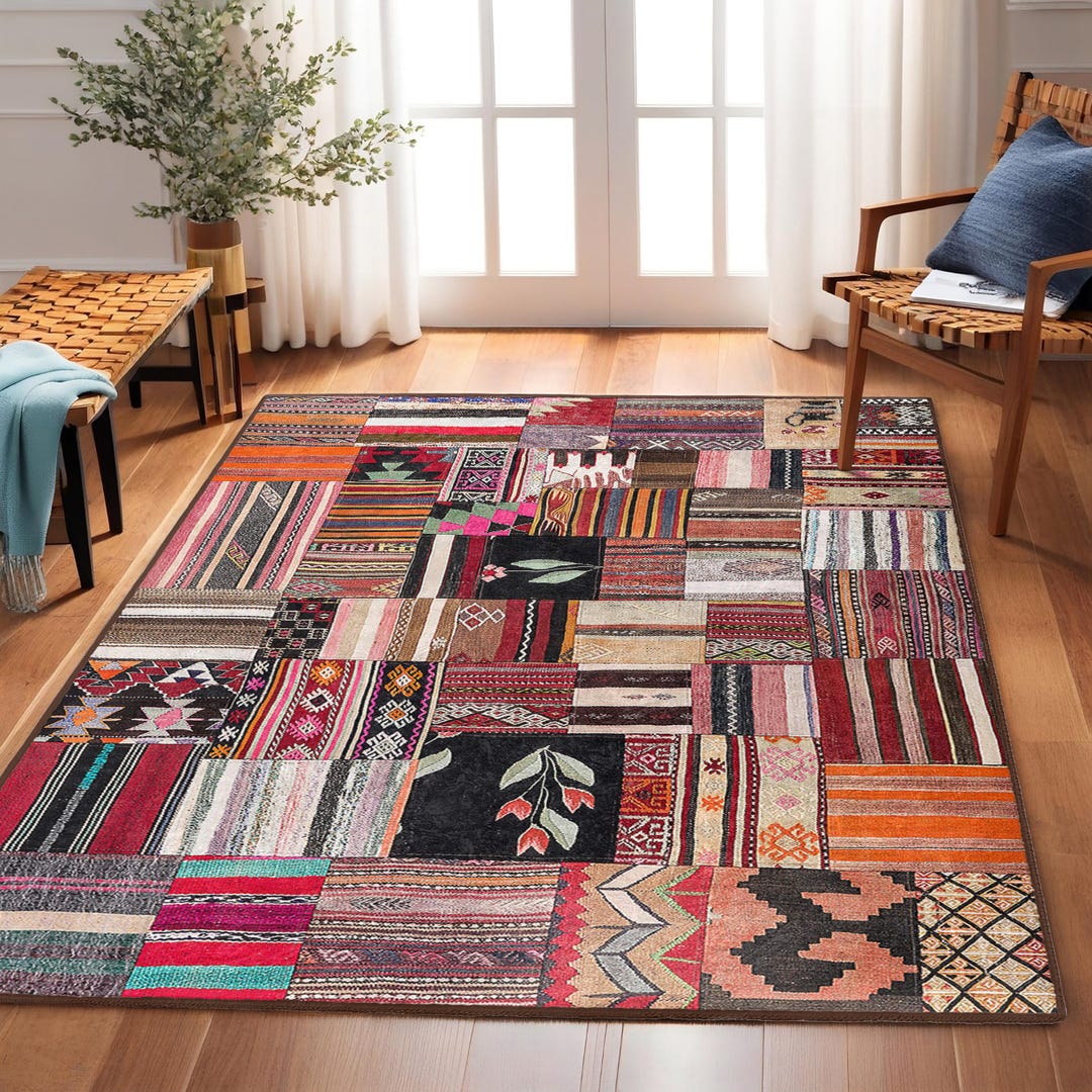 Patchwork Bohemian Area Rug - Striped Floral Ethnic Mat - Colorful ...